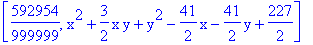 [592954/999999, x^2+3/2*x*y+y^2-41/2*x-41/2*y+227/2]